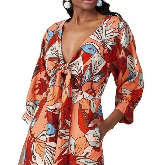 Nicholas Asilah Linen Floral Printer Cut Out Tie Dress Size 10 - Picture 4 of 8